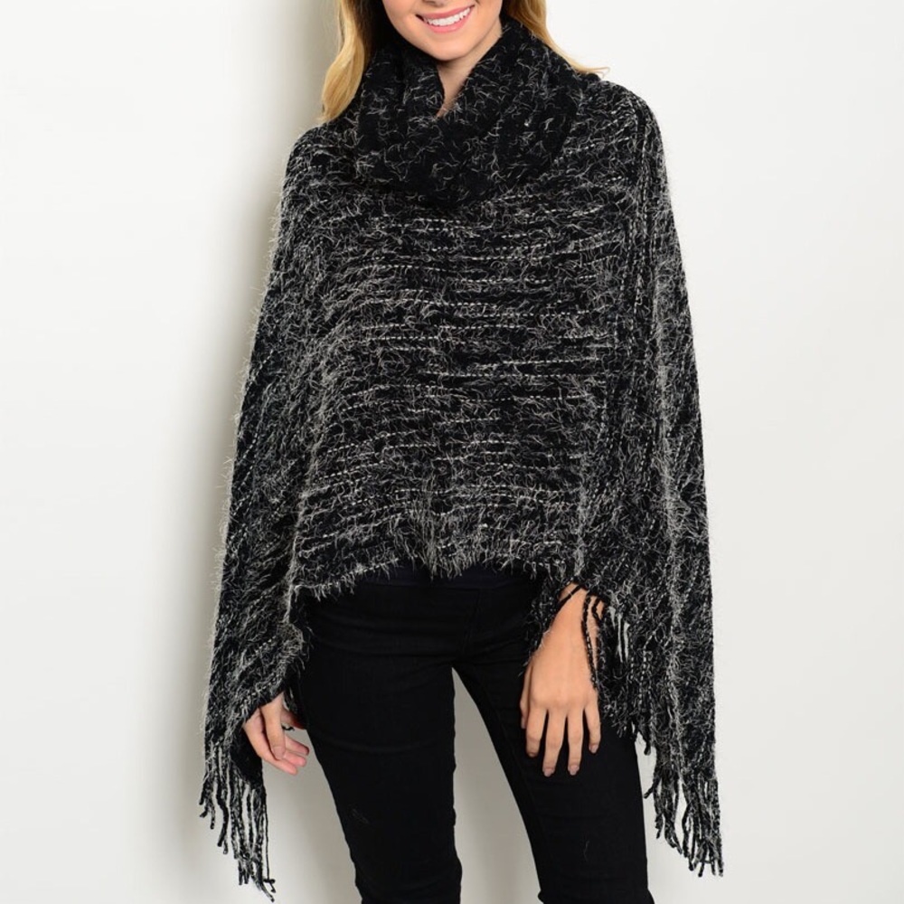 Fuzzy Marled Knit Fringe Blanket Poncho Sweater